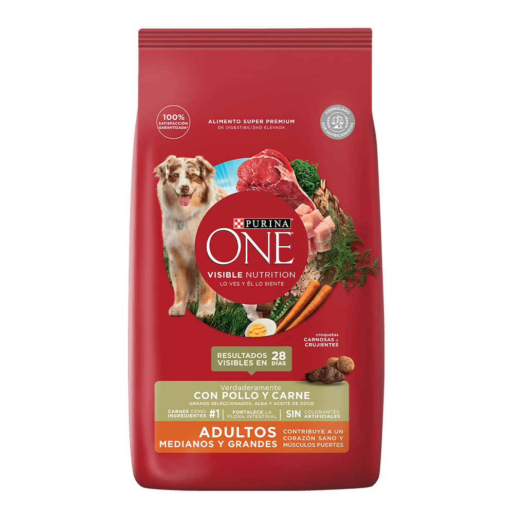 Comida para perros adultos medianos y grandes de Purina One con pollo y carne.