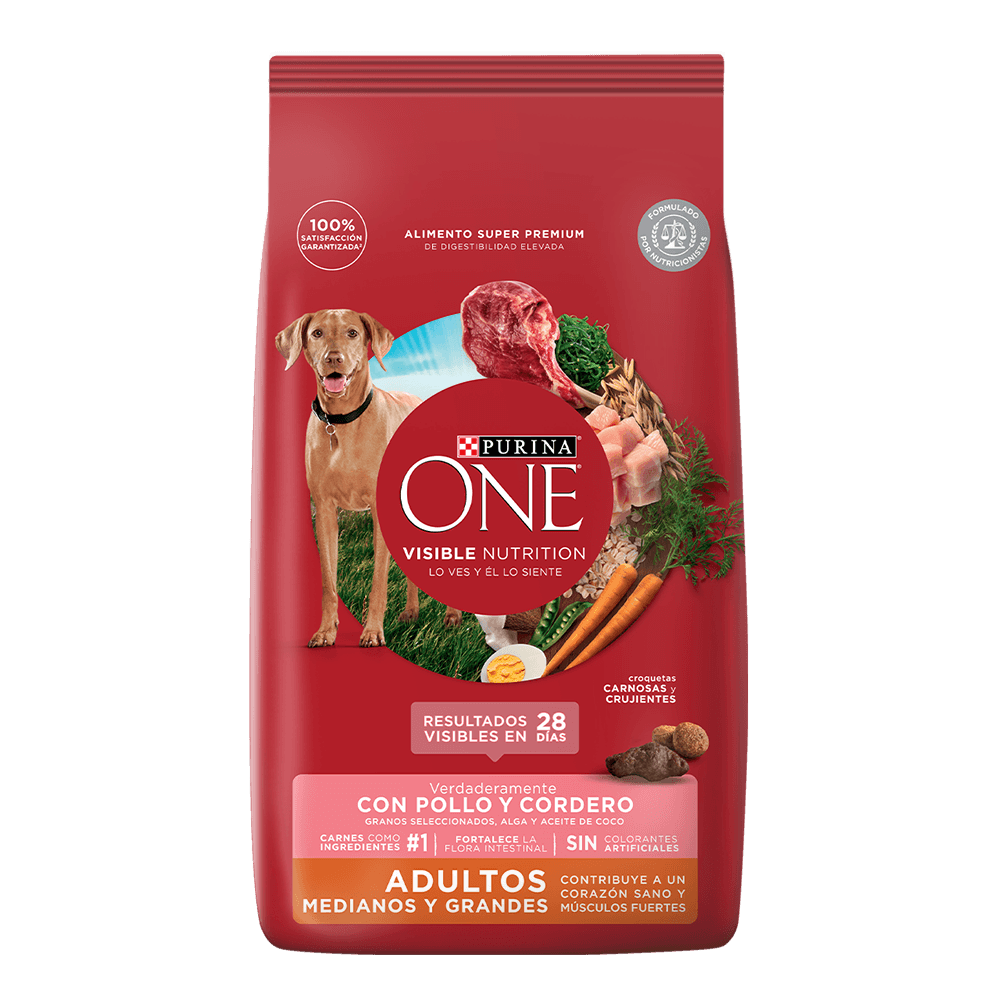 Alimento seco para perros adultos medianos y grandes de Purina One con pollo y cordero.