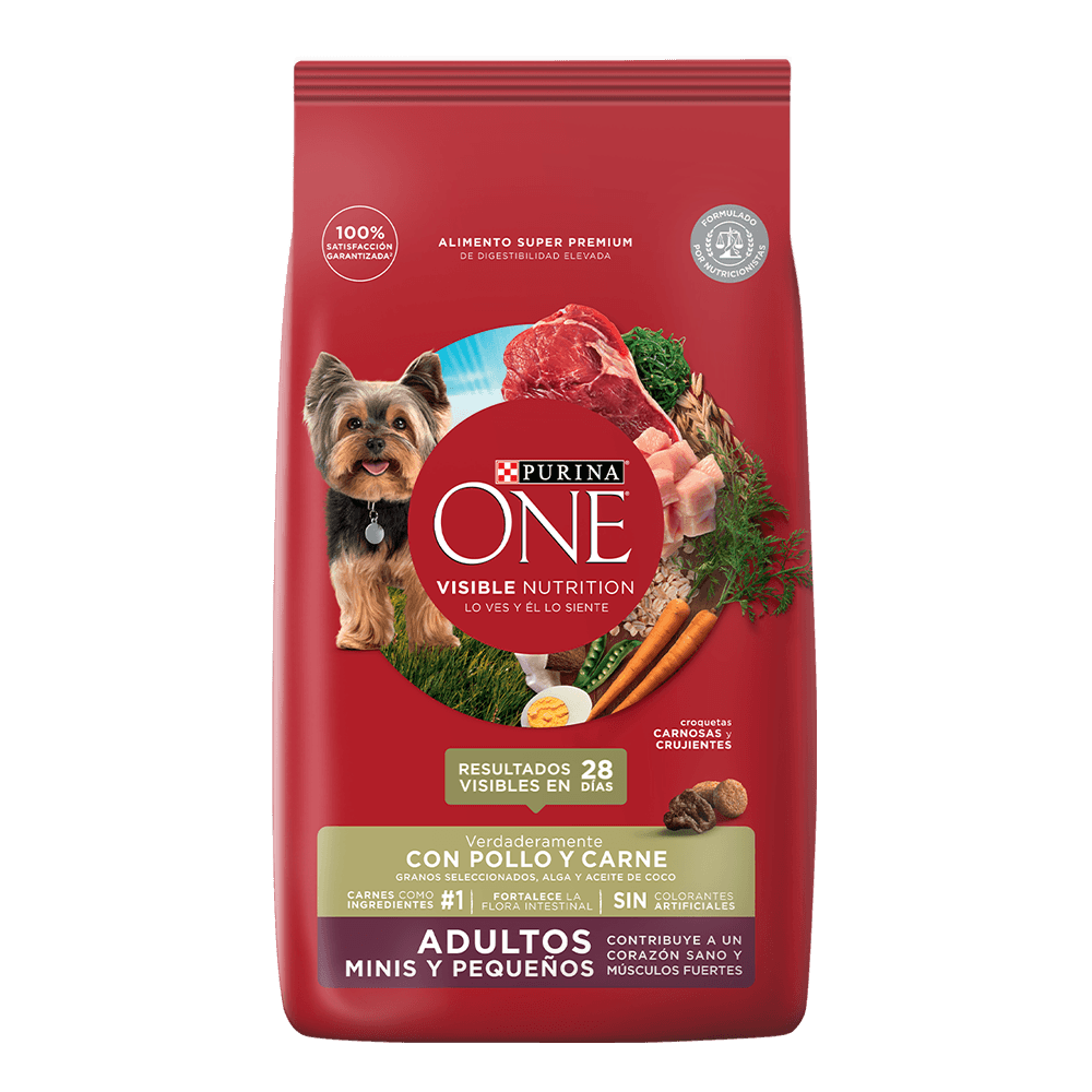 Comida para perros adultos minis y pequeños de Purina One con pollo y carne, para un corazón sano.