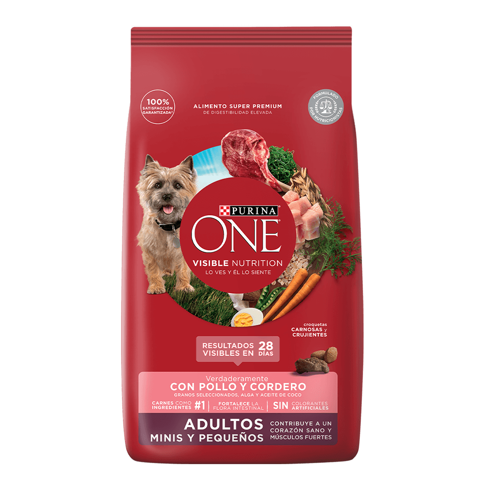 Comida para perros adultos minis y pequeños de Purina One con pollo y cordero, para músculos fuertes.