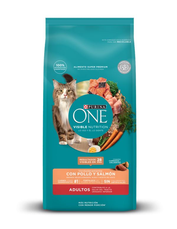 Comida para gatos adultos Purina One con pollo y salmón. Comida para gatos adultos Purina One con pollo y salmón.