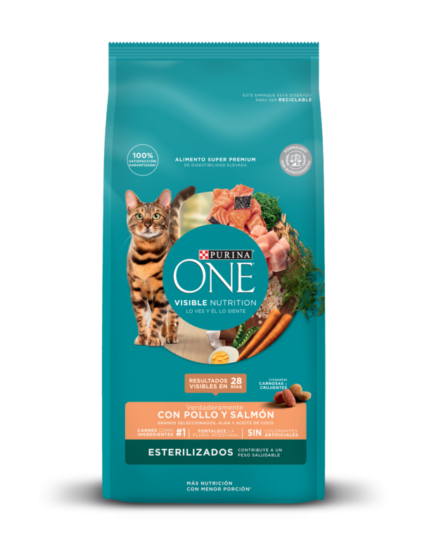 Comida para gatos esterilizados Purina One con pollo y salmón. Comida para gatos esterilizados Purina One con pollo y salmón.