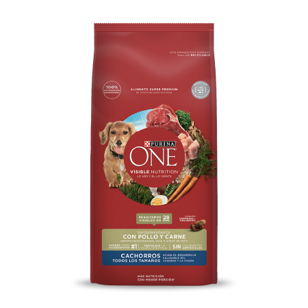 Purina_One_Puppy_Todos los_Tamaños_con_Pollo_y_Carne.png Alimento seco para perros cachorros de Purina One con pollo y verduras.