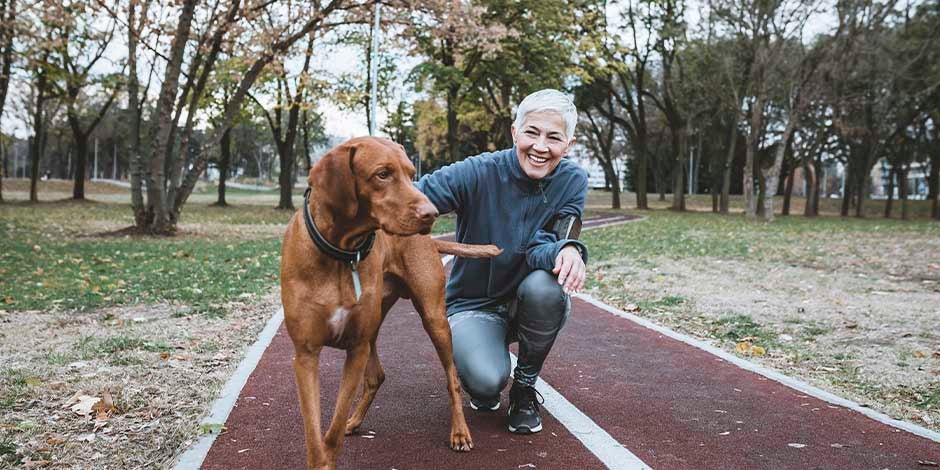 Perros para adultos mayores -caminata Perro en compañía de su tutor haciendo caminata, perfecta para los adultos mayores.