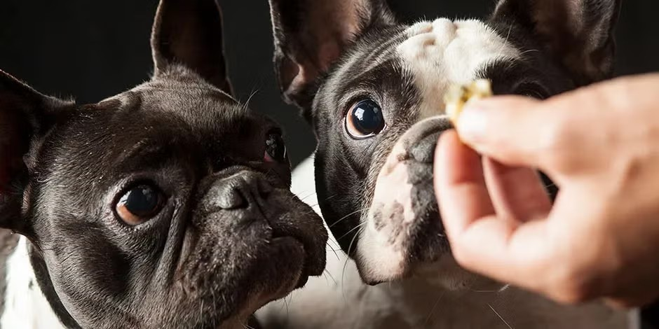 Cambiar alimento perro - Snack Cambiar el alimento de tu perro o usar snacks puede reactivar su apetito. Bulldogs franceses recibiendo snacks.
