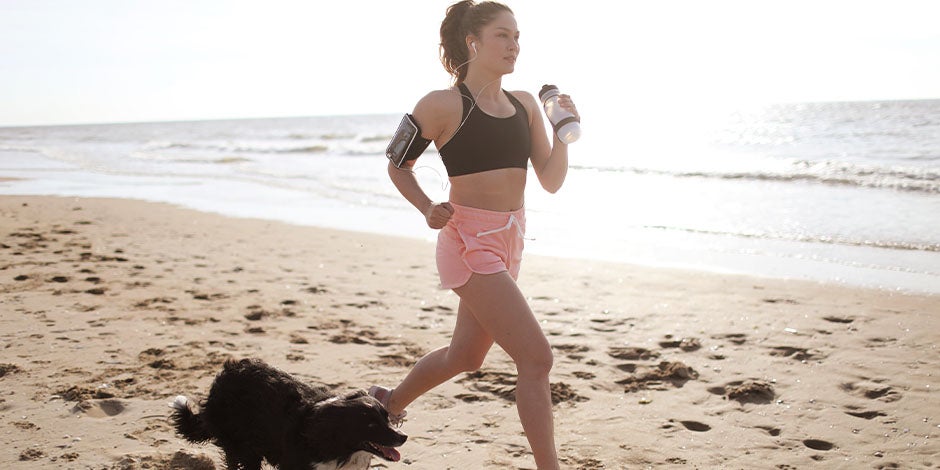 Probióticos para perros - Energía Perro corriendo en la playa, gracias a la óptima digestión provocada por los probióticos en perros.