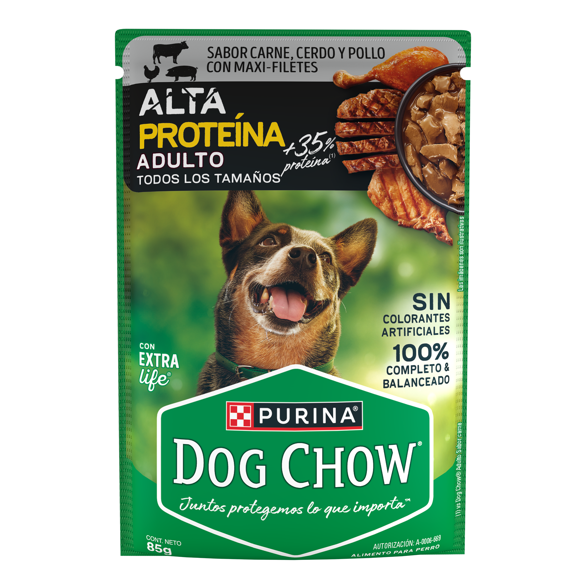 Sabrosobre Dog Chow Alta Proteína adulto sabor carne, cerdo y pollo con ExtraLife.