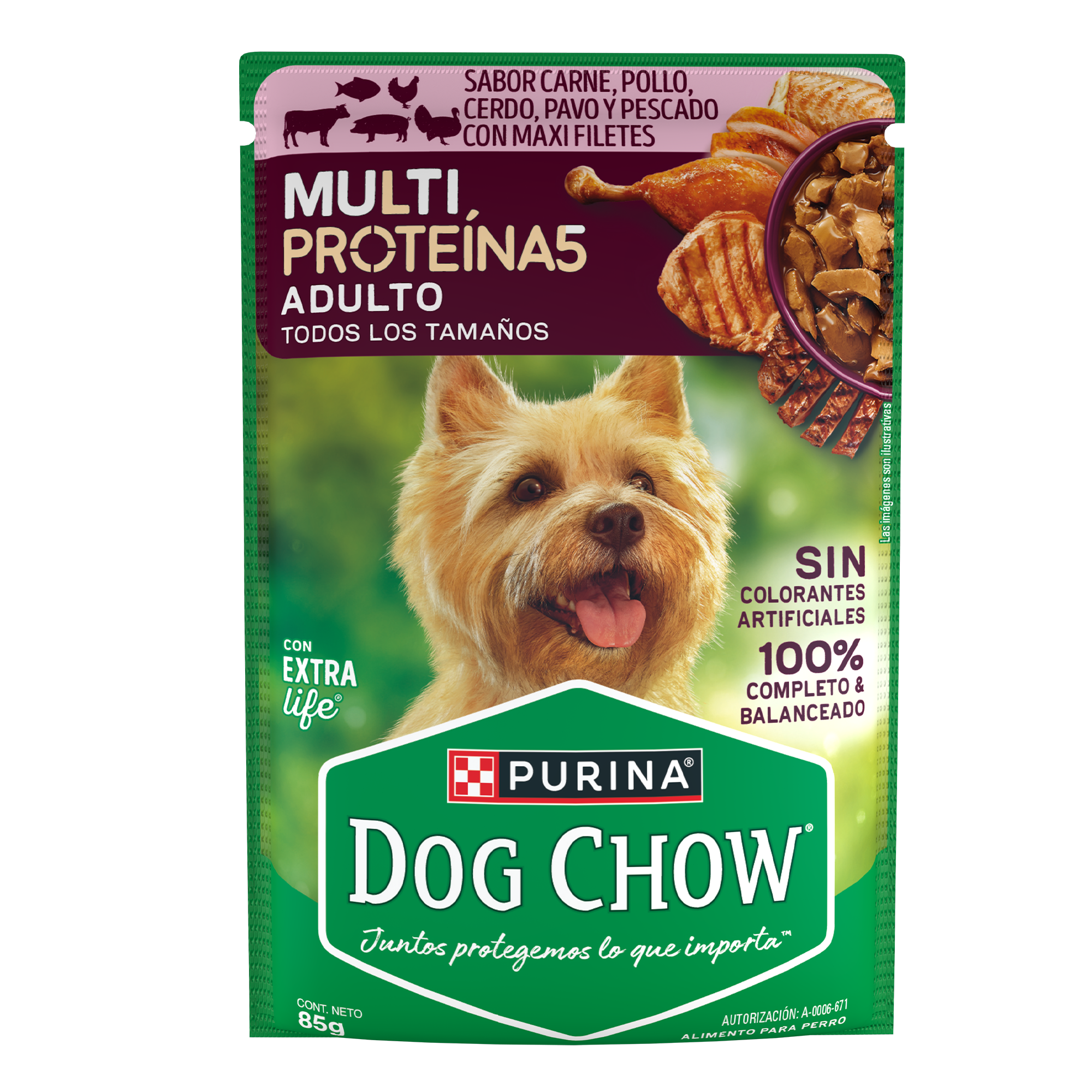 Sabrosobre Dog Chow Multi Proteínas adulto sabor carne, cerdo, pollo, pavo y pescado con ExtraLife.