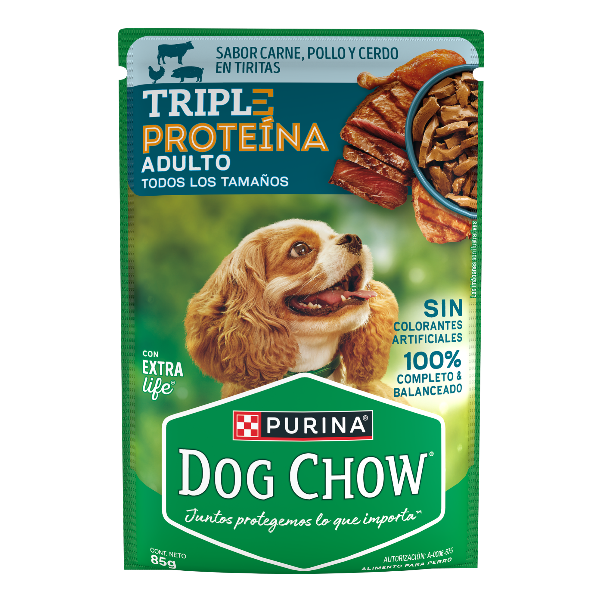 Sabrosobre Dog Chow Triple Proteínas adulto sabor carne, pollo y cerdo con ExtraLife.