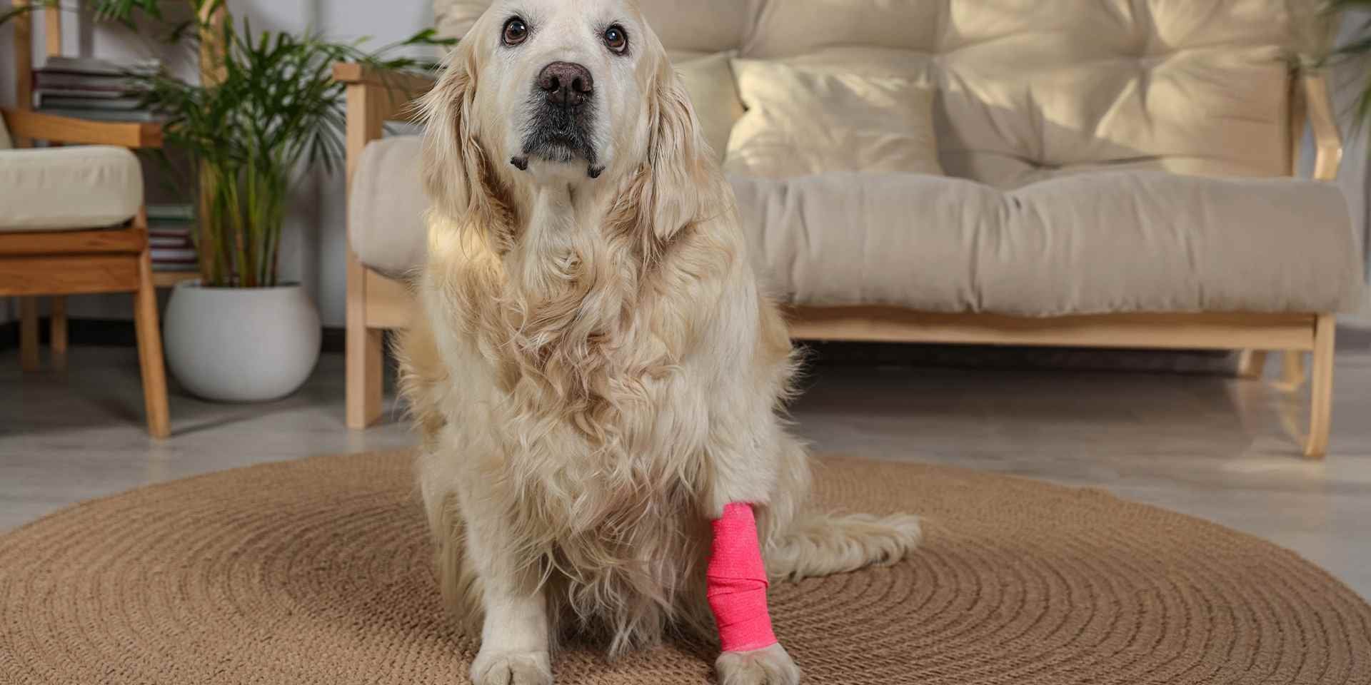 Por qué aúllan los perros - Herida Las lesiones y heridas son un motivo de por qué aúllan los perros. Retriever sentado con vendaje en su pata.