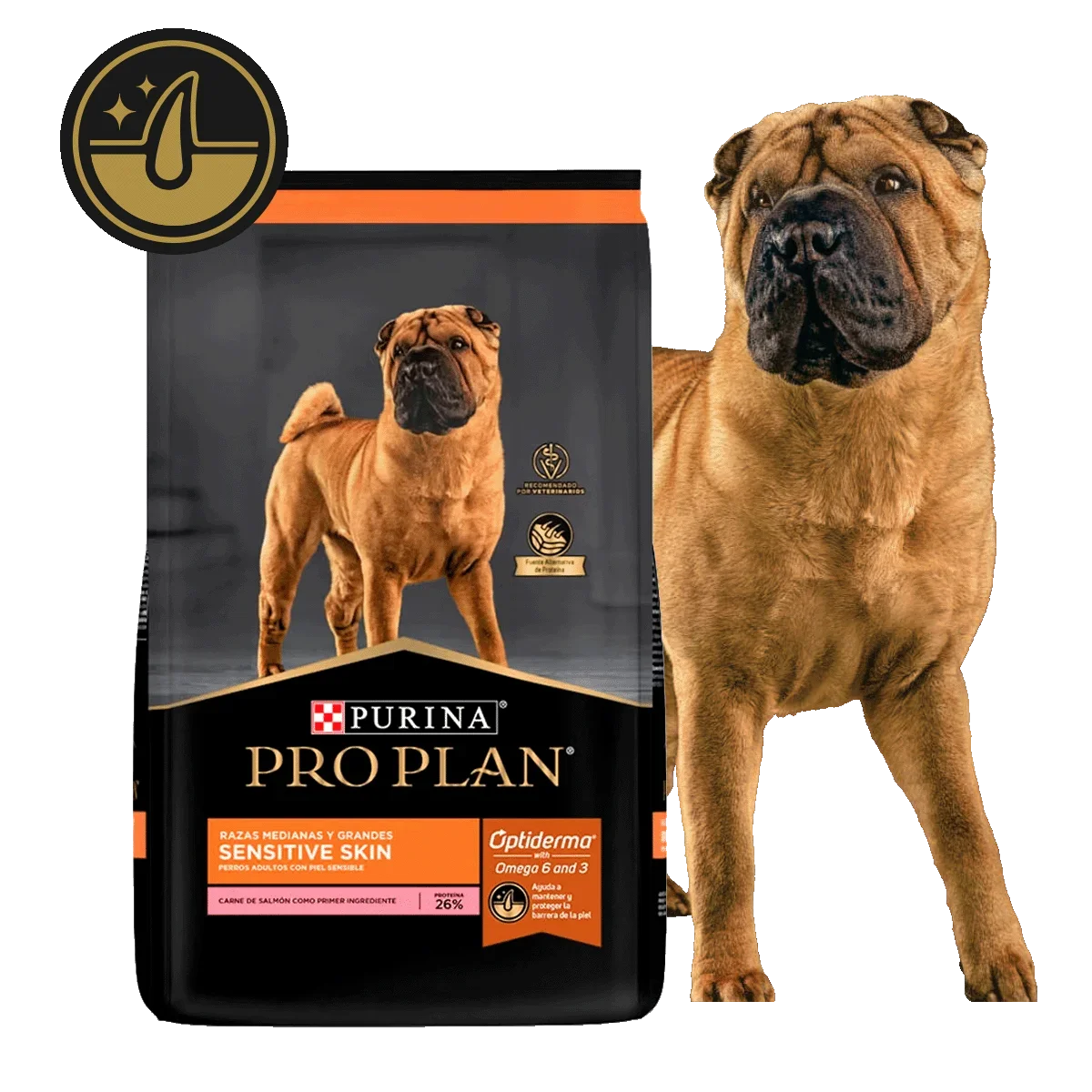 Alimento Pro Plan Sensitive Skin y mascota en la card del alimento para piel sensible en perros