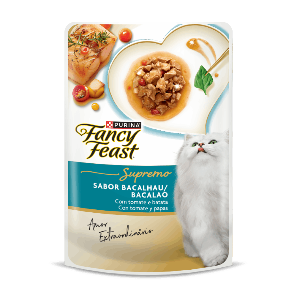 Alimento húmedo para gatos en sobre Fancy Feast bacalao con tomate y papas
