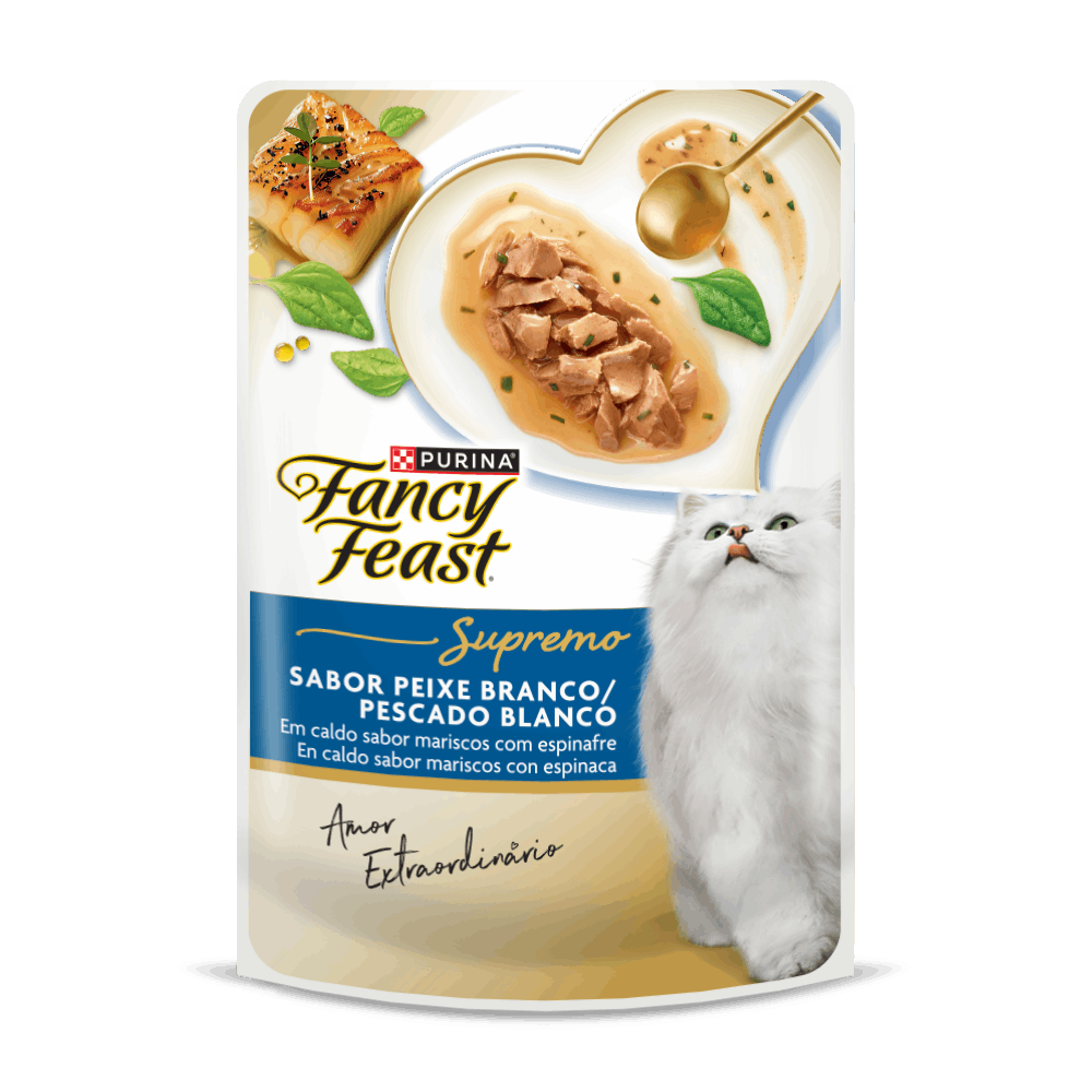 Alimento húmedo para gatos en sobre Fancy Feast pescado blanco y espinaca
