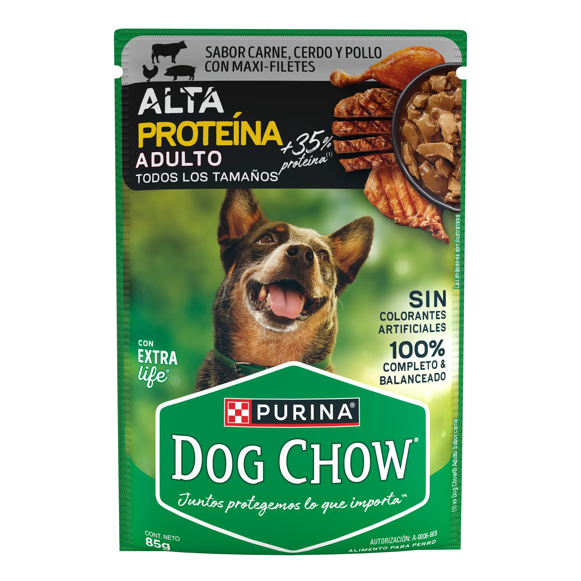 Sabrosobre Dog Chow Alta Proteína adulto sabor carne, cerdo y pollo con ExtraLife.