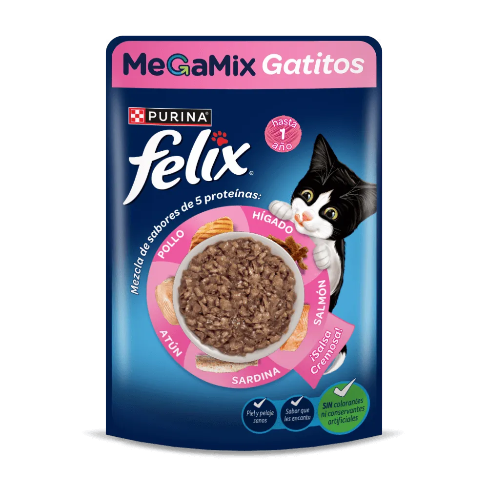 Felix Megamix en pouch para gatitos sabor pollo, hígado, salmón, sardina y atún.