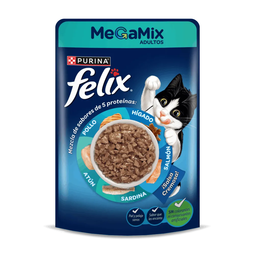 Felix Megamix en pouch para gatos adultos sabor pollo, hígado, salmón, sardina y atún.