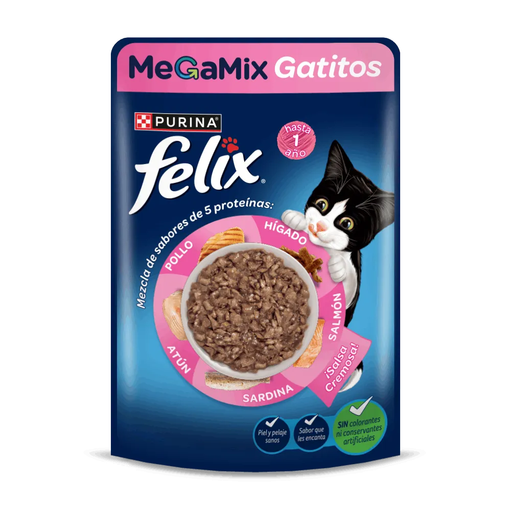 Felix Megamix en pouch para gatitos sabor pollo, hígado, salmón, sardina y atún.