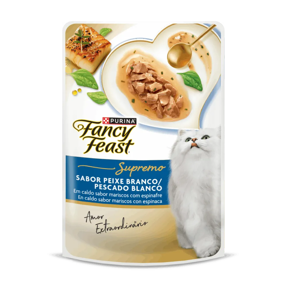 Alimento húmedo para gatos en sobre Fancy Feast pescado blanco y espinaca